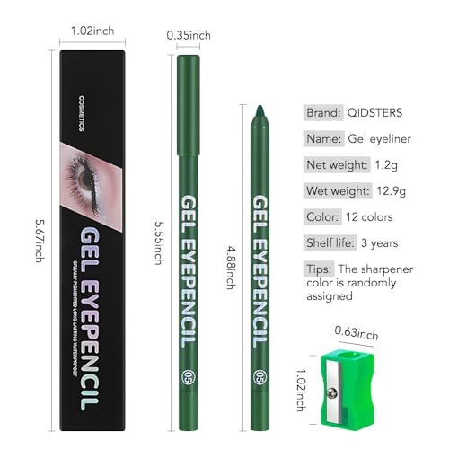 QIDSTERS Forest Green Matte Gel Eyeliner Pencil, Multi-Use Waterline Eyeliner with Sharpener, Sharpenable Eye Liner Waterp...