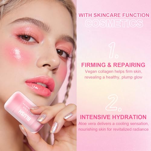 2 Pcs Jelly Blush Contour Stick for Cheeks Eyes Lips Lightweight Dewy Finish Blush Stick Waterproof Long Lasting Lightweig...