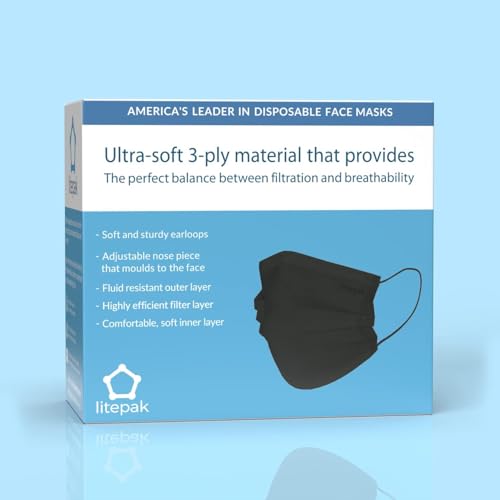 Litepak 125-Pack Disposable Face Mask Premium Comfort Earloops with Dispenser Box (Black)