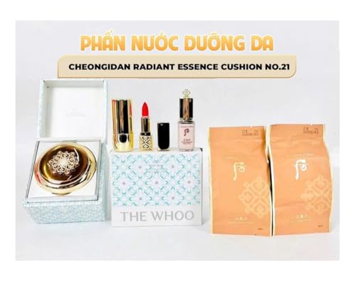 THE WHOO Essence Cushion No.21 (Original 15g + 2 Refill) + Holiday Set (Base Pink 8ml, Lip Rouge # Red Orange 1.3g, Founda...