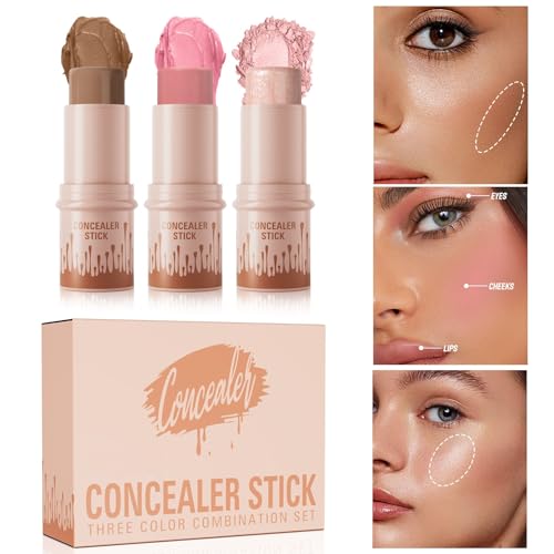 3Pcs Contour Stick Set,3 Colors Contour Stick Makeup Set, Long-Lasting Waterproof Concealer Stick Kit,Cream Blush & Highli...