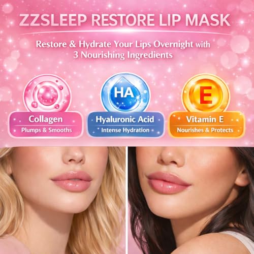 ZZSLEEP Restore Hydrating & Plumping Lip Mask – (30 Count) | Collagen-Infused Overnight Lip Patches with Hyaluronic Acid &...