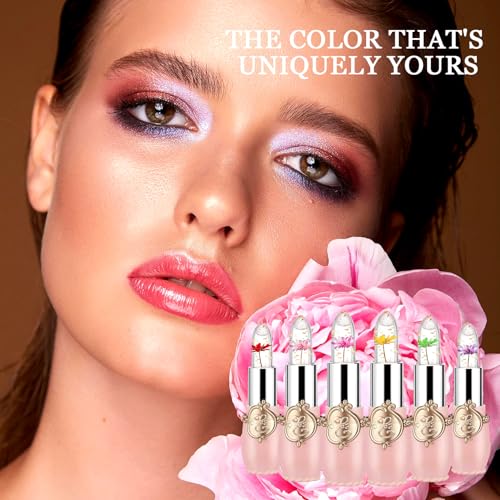 6PCS Crystal Flower Jelly Lipstick Set,Moisturizing Color Changing Lip Gloss Set,Clear Tinted Magic Lip Stain Moisturizer ...