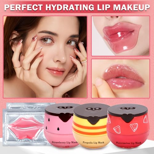 IONSGAKO 3PCS Bee Lip Balm Honey Pot, Honey Strawberry Watermelon Lip Mask Sleeping Honey Lip Mask Overnight Hydrating Pro...