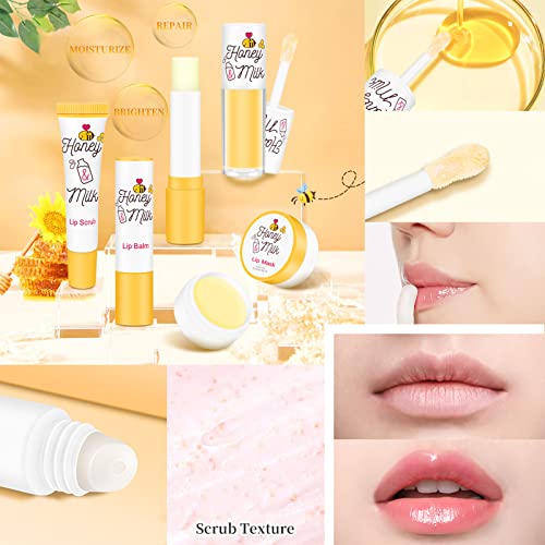 LSxia 4 Piece Honey Milk Lip Mask Lip Balm Lip Scrub Lip Oil Lip Care Kit, Moisturizing & Nourishing Dry and Cracked Lips,...