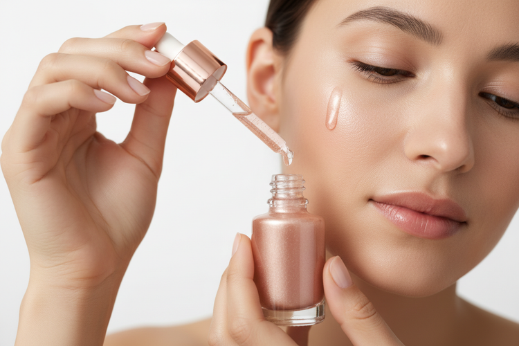 Serum and cream skincare products for hydration, brightening, and firming, suitable for all skin types