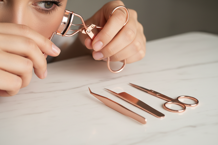 Rose gold eyelash curler, tweezers, and scissors on a white background