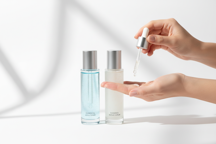 Clear toner bottle and essence dropper bottle displayed on a clean white background.