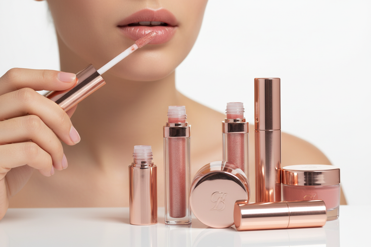 Rose gold lip gloss and lip balm products displayed on a clean white background.