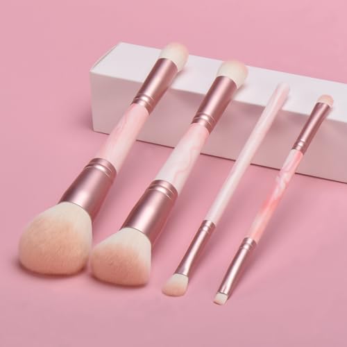 YJ-Anyue 4PCS Pink Dual-Ended Makeup Brushes Set, Professional Foundation Blush Concealer Eyeshadow Kabuki Brush Kit, Soft...