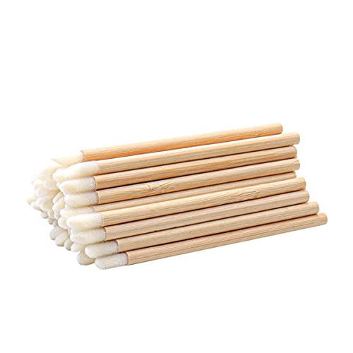 100 Pcs Disposable Lip Brushes Premium Lipstick Applicator Wands Bamboo Handle Makeup Tool Kits (Bamboo handle white)