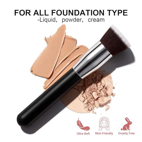 Flat Top Kabuki Foundation Brush，5.7” Premium Synthetic Kabuki Makeup Brush Flawless for Liquid, Cream, and Powder with De...