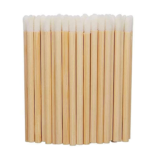 100 Pcs Disposable Lip Brushes Premium Lipstick Applicator Wands Bamboo Handle Makeup Tool Kits (Bamboo handle white)