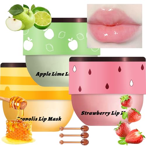 3 Pcs Bee Lip Balm Honey Pot, Honey Strawberry Apple Lip Mask Overnight, Moisturizing Lip Sleeping Mask, Hydrate Repair Pr...