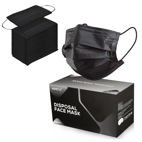100PCs Black Disposable Face Mask 3-Ply Breathable & Comfortable Safety Mask, Protective Masks for Home, Office, School an...
