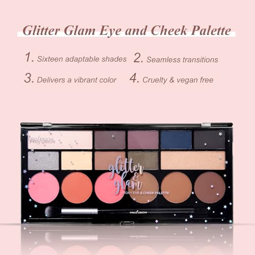 Profusion Cosmetics Glitter Glam Eye & Cheek Palette – 16 Pigmented Matte & Shimmer Shades for Eyeshadow, Blush, Bronzer &...