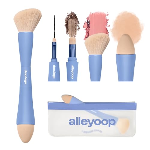 Alleyoop Multi-Tasker 4-in-1 Travel Makeup Brush Set – Compact Makeup Brushes with Blending Sponge, Eyeshadow, Eyebrow & L...