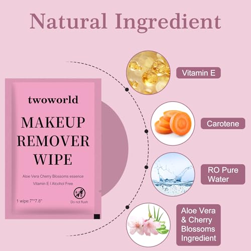 Twoworld Makeup Remover Wipes Bulk Individually Wrapped,Travel Makeup Wipes Gentle for Face Cleansing Mascara Lipstick Tra...