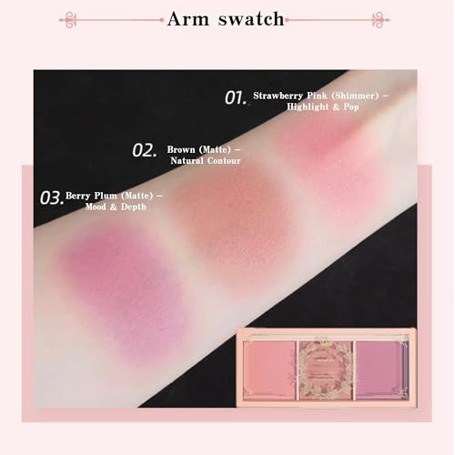 3-Color Blush Palette with Brush - Matte & Shimmer Powder Blush Trio - Long Lasting, High Pigment Face Makeup - Cool Tone ...