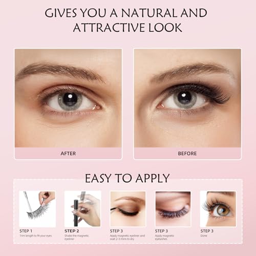 Magnetic Eyelashes Kit with Eyeliner - Magnetic Lashes Natural Look & Reusable 3D Mink False Eyelashes, No Glue Needed, Ea...