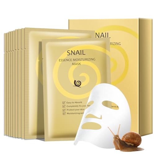 AOPEIBOTO Snail Mucin Mask, Pack of 10 Snail Mucin Sheet Masks, Deep Hydrating Face Mask for All Skin Types, Moisturizing,...