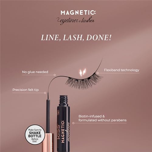 KISS Magnetic False Eyelashes and Eyeliner, ‘Charm’, 12mm, Easy to Apply, Reusable, No Glue, Flexible Band, Precision Felt...