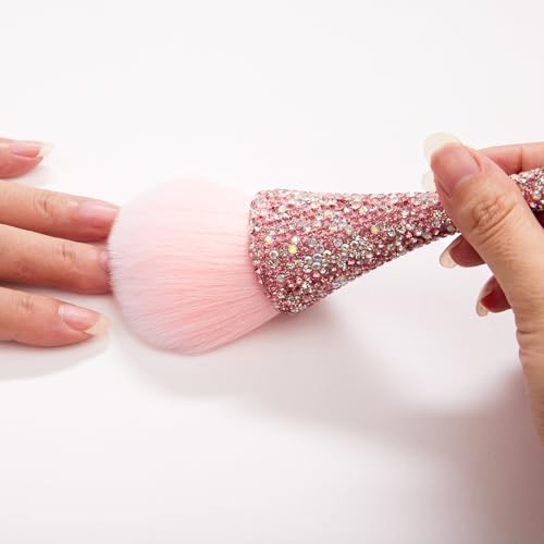 XEAOHESY 1pc Pink Rhinestones Nail Dust Brush Mineral Powder Brush Blush Brush Soft Fluffy Foundation Brush Large Face Pow...