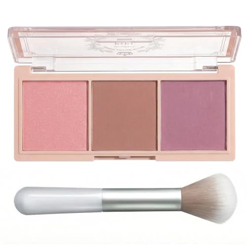 3-Color Blush Palette with Brush - Matte & Shimmer Powder Blush Trio - Long Lasting, High Pigment Face Makeup - Cool Tone ...