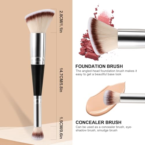 Dual-Ended Foundation & Concealer Brush, 2 in 1 Flat/Angled Top Kabuki Brush for Makeup Flawless Blending and Application ...