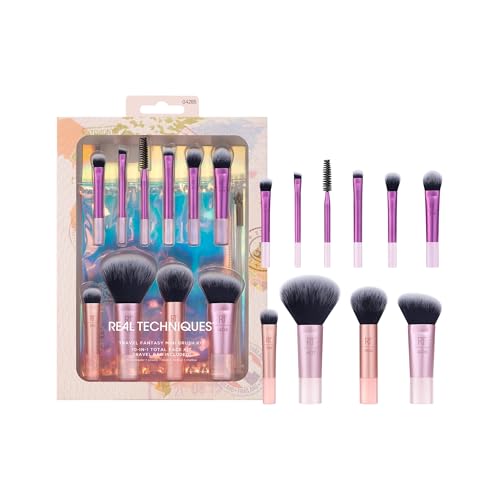 Real Techniques 11 Piece Travel Fantasy Mini Brush Set, Travel Size Makeup Brushes For Foundation Eyeshadow, Powder, Blus...