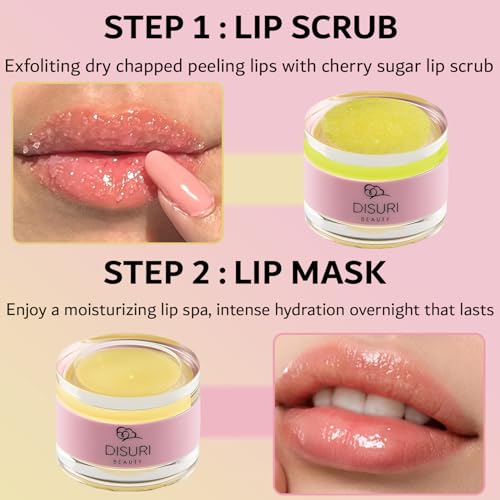 DISURI Beauty Lip Mask and Lip Scrub Set - Moisturizing Lip Scrub for Exfoliating and Smoothing Lips, Cruelty-free - Impro...