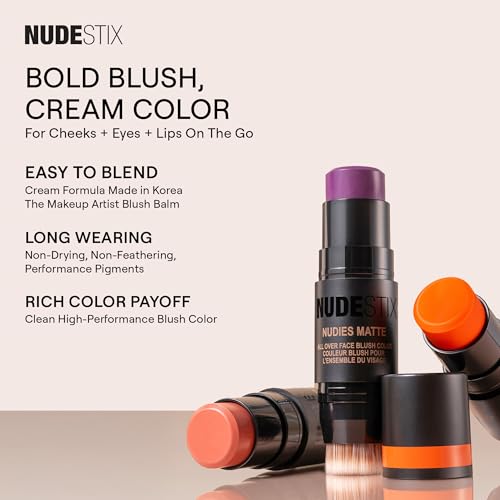 Nudestix Nudies Blush Stick – 3-in-1 Cream Blush for Cheeks, Eyes & Lips with Built-In Brush | Soft Matte Finish for a Nat...