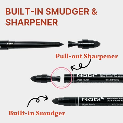 (Set of 2) Nabi Waterproof Glide Gel Eyeliner Pencil, Smudge-Proof, 24H Long-Lasting, Built-In Smudger & Sharpener (Dark B...