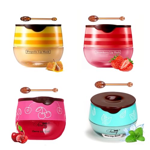 4 PCS Bee Lip Balm Honey Pot,Propolis Lip Mask Moisturizing,Reduces Lip Lines,Sleeping Lip Balm Prevention Dry and Cracke...