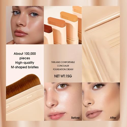 Matte Concealer Foundation Stick with Brush, Serum-Infused Tinted Moisturizer & Skin Tint, Lightweight Hydrating Concealer...