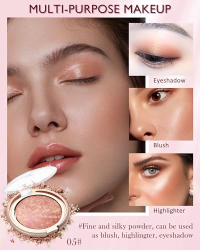 Baked Powder Blush, Glow Marbleized Blusher Powder Palette,Lightweight Shimmery face Blush for Cheek,Eyeshadow Highlight,T...