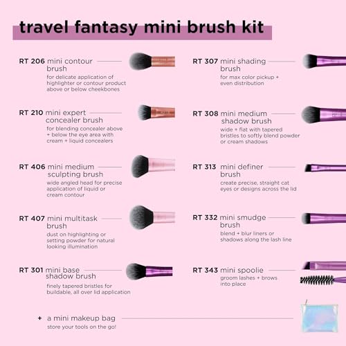 Real Techniques 11 Piece Travel Fantasy Mini Brush Set, Travel Size Makeup Brushes For Foundation Eyeshadow, Powder, Blus...