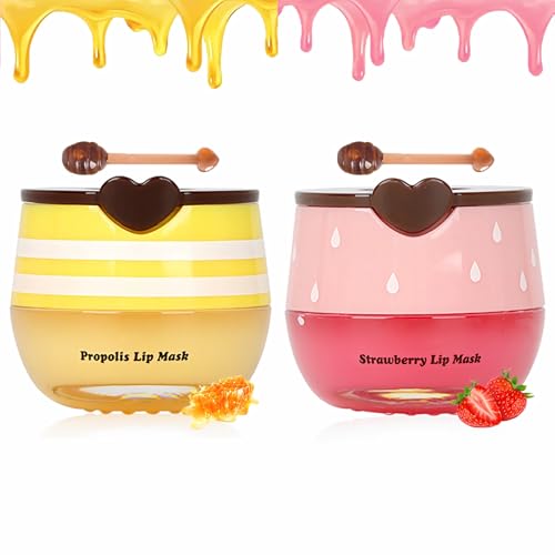 2 PCS Bee Lip Balm Lip Mask Honey Pot, Honey & Strawberry Lip Mask Propolis Moisturizing Lip Balm with Stick - Hydrating P...