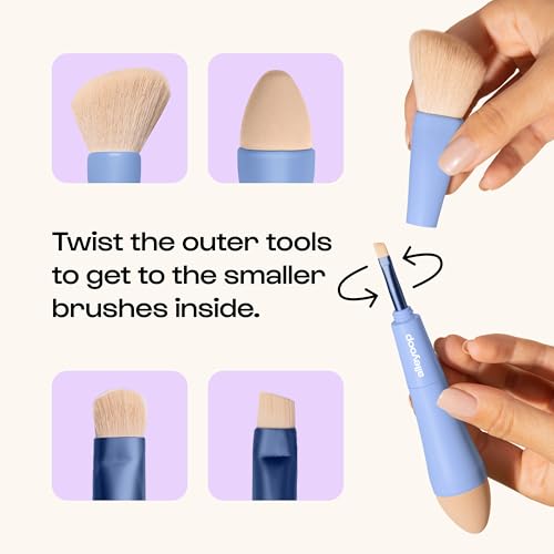 Alleyoop Multi-Tasker 4-in-1 Travel Makeup Brush Set – Compact Makeup Brushes with Blending Sponge, Eyeshadow, Eyebrow & L...