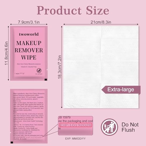 Twoworld Makeup Remover Wipes Bulk Individually Wrapped,Travel Makeup Wipes Gentle for Face Cleansing Mascara Lipstick Tra...