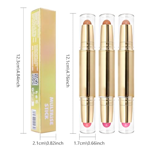 evpct 3Pcs 2In1 Blush Contour Multiuse Makeup Sticks Set, Pink Rose Berry Tan & Nude Brown Creamy Butter Blush Bronzer Con...