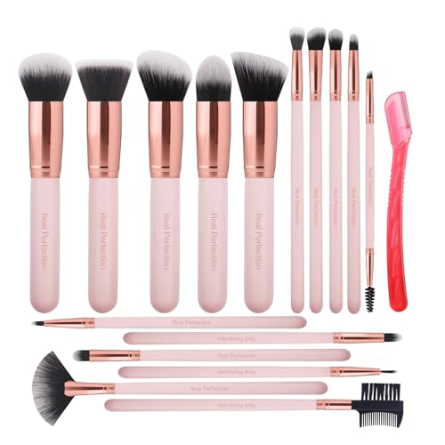 Real Perfection Makeup Brush Set 16 Pcs with 1 Eyebrow Razor Premium Synthetic Foundation Powder Concealers Eyeshadow Blus...