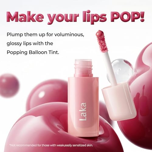 Laka Popping Balloon Lip Stain, 4.5g/0.15oz, Glossy Plumping Tint, Moisturizing, Non-Sticky Texture for All-Day Hydration,...