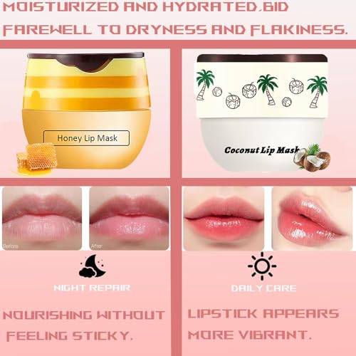 TIRDET 4 PCS Bee Lip Balm Honey Pot, Honey Strawberry Cherry Coconut Sleeping Lip Mask Overnight with Sticks, Exfoliating ...