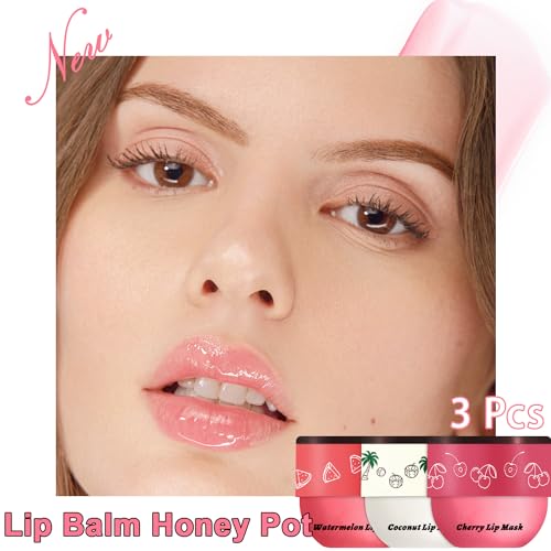 3 PCS Bee Lip Balm Lip Mask Honey Pot, Watermelon & Cherry & Coconut Lip Mask Propolis Moisturizing Lip, Hydrating Prevent...