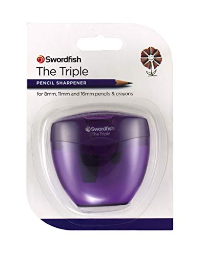 Swordfish ‘The Triple’ Three Hole Pencil Sharpener with Mess-Free Canister [Pack of 1] 8-16 mm [40228s], Purple