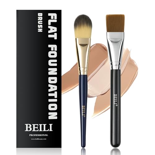 BEILI 2pcs Flat Square Synthetic Foundation Brush for Liquid Cream Facial Mask Concealer Makeup Premium Soft Synthetic Con...