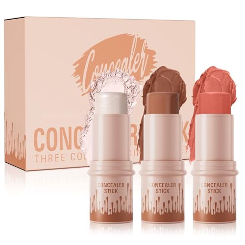 3Pcs Contour Stick Set，3 Colors Contour Stick Makeup Set， Long-Lasting Waterproof Concealer Stick Kit，Cream Blush & Highli...