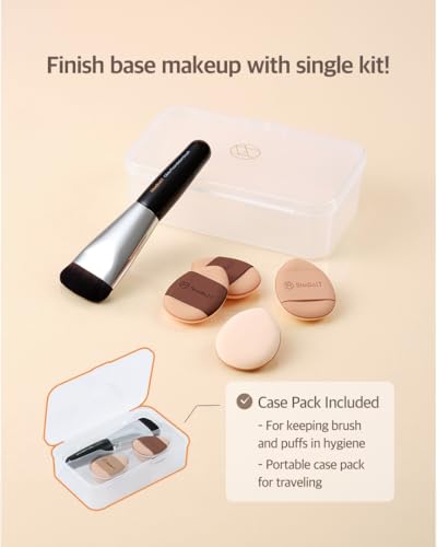 Studio17 Mini Flat Foundation Brush & Small Puff Set | Small Makeup Brush Set with 4 Mini Sized Puffs | Kit for Liquid Fou...