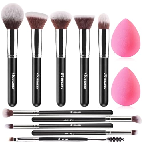 BEAKEY Makeup Brushes Set, Professional Foundation Eyeshadow Concealer Blush Powder Bronzer Applicator, 2 Blender Sponge w...